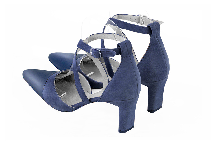 Prussian blue women's open side shoes, with crossed straps. Tapered toe. Medium comma heels. Rear view - Florence KOOIJMAN